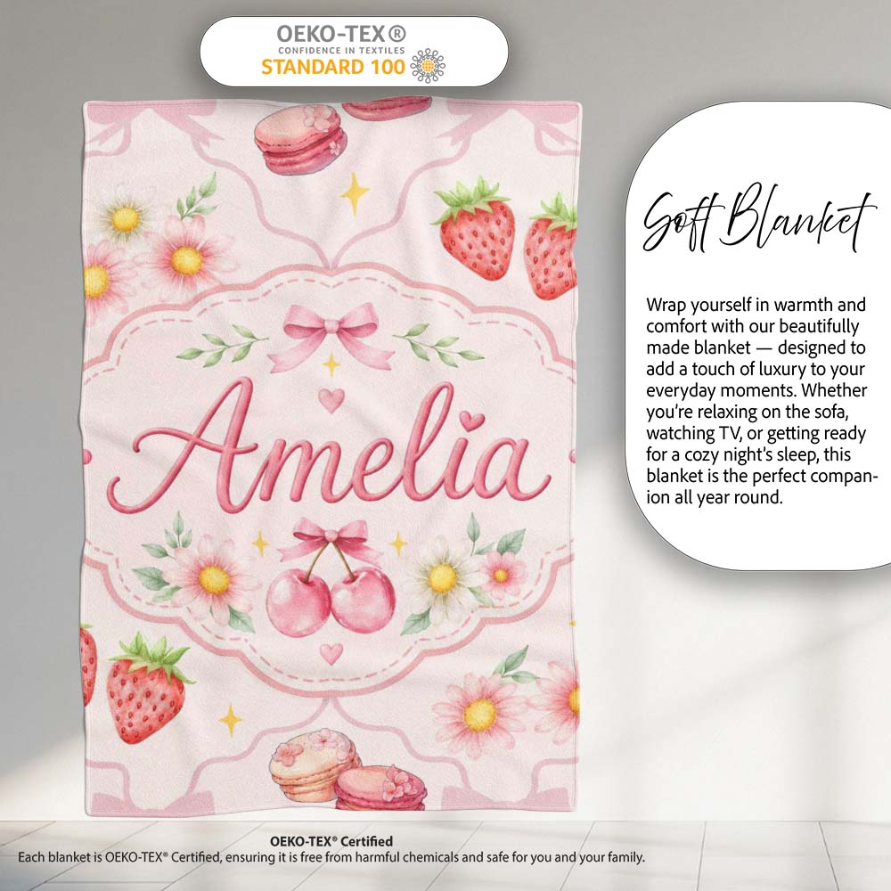 Strawberry Cherry Daisy Floral Bow Sweet Dessert Soft Blush Pink  Personalised Custom Name Super Soft Fleece Blanket Bed Sofa Throw