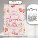 Strawberry Cherry Daisy Floral Bow Sweet Dessert Soft Blush Pink  Personalised Custom Name Super Soft Fleece Blanket Bed Sofa Throw