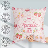 Custom Name Strawberry Cherry Daisy Bow Sweet Dessert Soft Blush Square Filled Cushion Throw Pillow Sofa Bed Home Decor Zip Washable UK Made