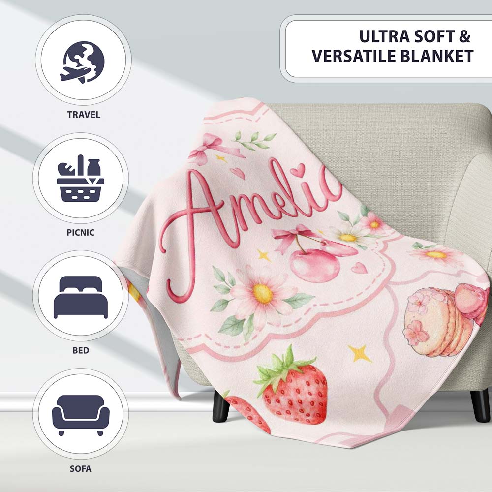 Strawberry Cherry Daisy Floral Bow Sweet Dessert Soft Blush Pink  Personalised Custom Name Super Soft Fleece Blanket Bed Sofa Throw