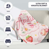 Strawberry Cherry Daisy Floral Bow Sweet Dessert Soft Blush Pink  Personalised Custom Name Super Soft Fleece Blanket Bed Sofa Throw