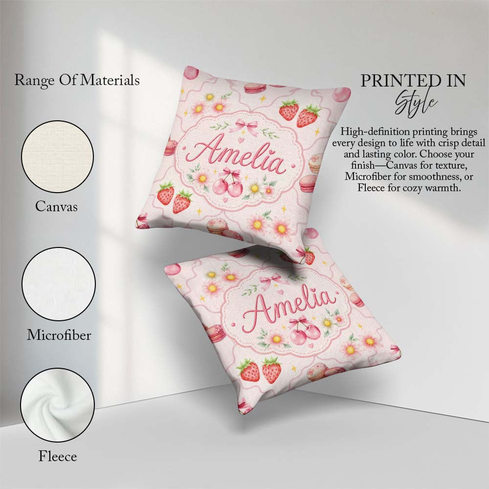 Custom Name Strawberry Cherry Daisy Bow Sweet Dessert Soft Blush Square Filled Cushion Throw Pillow Sofa Bed Home Decor Zip Washable UK Made