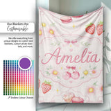 Strawberry Cherry Daisy Floral Bow Sweet Dessert Soft Blush Pink  Personalised Custom Name Super Soft Fleece Blanket Bed Sofa Throw