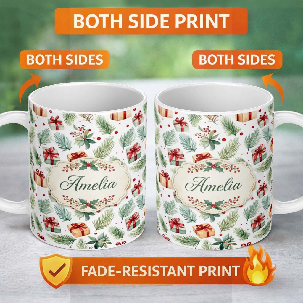 Personalized Custom Name Watercolor Pine Branch Gift Box Holly Berry Christmas Seamless 11oz Ceramic Coffee Tea Mug White Large Handle