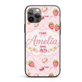 Cute Strawberry Cherry Daisy Floral Bow Sweet Custom Name Protective Phone Case Mobile Cover Durable Everyday Smartphone Shock Resistant