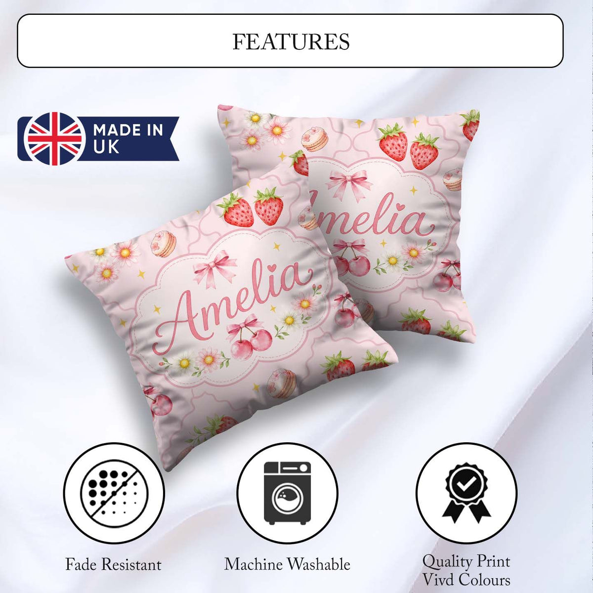 Custom Name Strawberry Cherry Daisy Bow Sweet Dessert Warm Cream Square Filled Cushion Throw Pillow Sofa Bed Home Decor Zip Washable UK Made