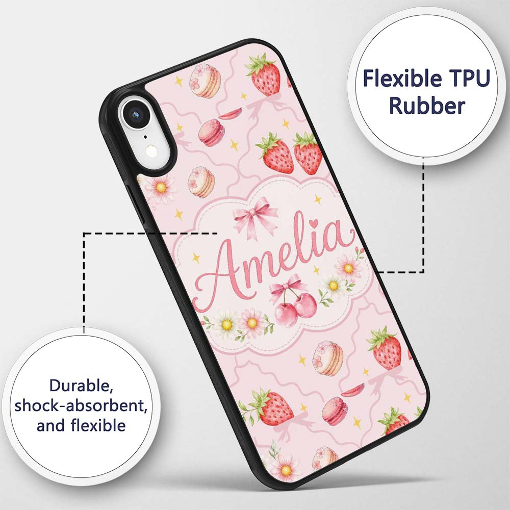 Cute Strawberry Cherry Daisy Floral Bow Sweet Custom Name Protective Phone Case Mobile Cover Durable Everyday Smartphone Shock Resistant