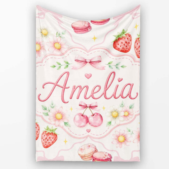 Cute Strawberry Cherry Daisy Floral Bow Sweet Dessert Soft Beige  Personalised Custom Name Super Soft Fleece Blanket Bed Sofa Throw
