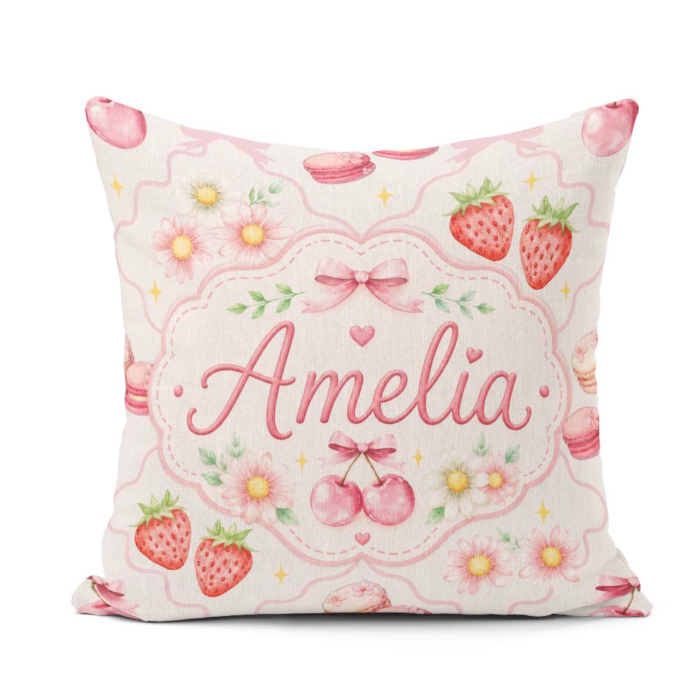 Custom Name Strawberry Cherry Daisy Bow Sweet Dessert Soft Beige Square Filled Cushion Throw Pillow Sofa Bed Home Decor Zip Washable UK Made