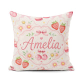 Custom Name Strawberry Cherry Daisy Bow Sweet Dessert Soft Beige Square Filled Cushion Throw Pillow Sofa Bed Home Decor Zip Washable UK Made
