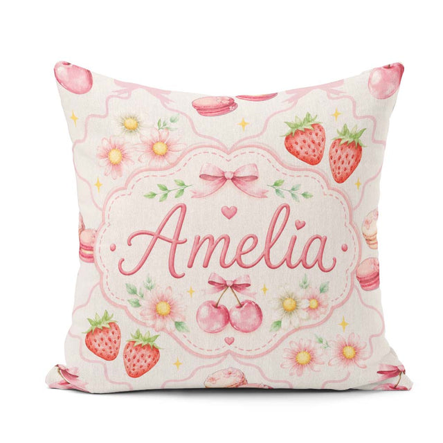 Custom Name Strawberry Cherry Daisy Bow Sweet Dessert Soft Beige Square Filled Cushion Throw Pillow Sofa Bed Home Decor Zip Washable UK Made