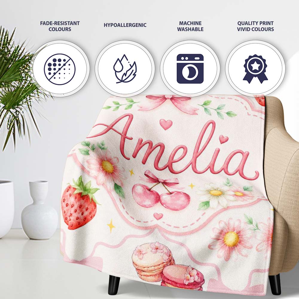 Cute Strawberry Cherry Daisy Floral Bow Sweet Dessert Soft Beige  Personalised Custom Name Super Soft Fleece Blanket Bed Sofa Throw