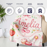 Cute Strawberry Cherry Daisy Floral Bow Sweet Dessert Soft Beige  Personalised Custom Name Super Soft Fleece Blanket Bed Sofa Throw