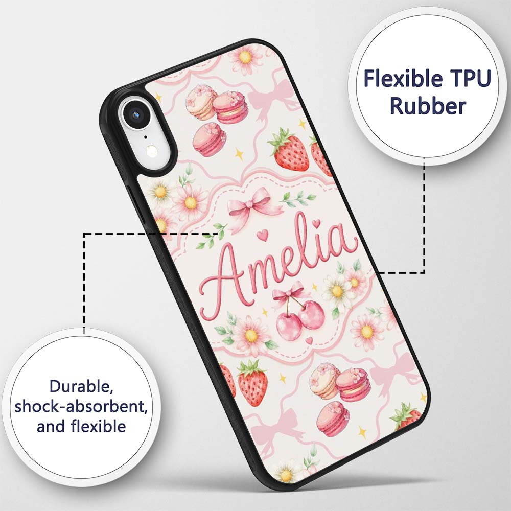 Cute Strawberry Cherry Daisy Floral Bow Sweet Custom Name Protective Phone Case Mobile Cover Durable Everyday Smartphone Shock Resistant