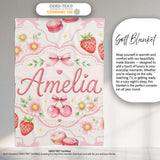 Cute Strawberry Cherry Daisy Floral Bow Sweet Dessert Soft Beige  Personalised Custom Name Super Soft Fleece Blanket Bed Sofa Throw