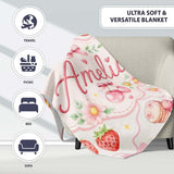 Cute Strawberry Cherry Daisy Floral Bow Sweet Dessert Soft Beige  Personalised Custom Name Super Soft Fleece Blanket Bed Sofa Throw