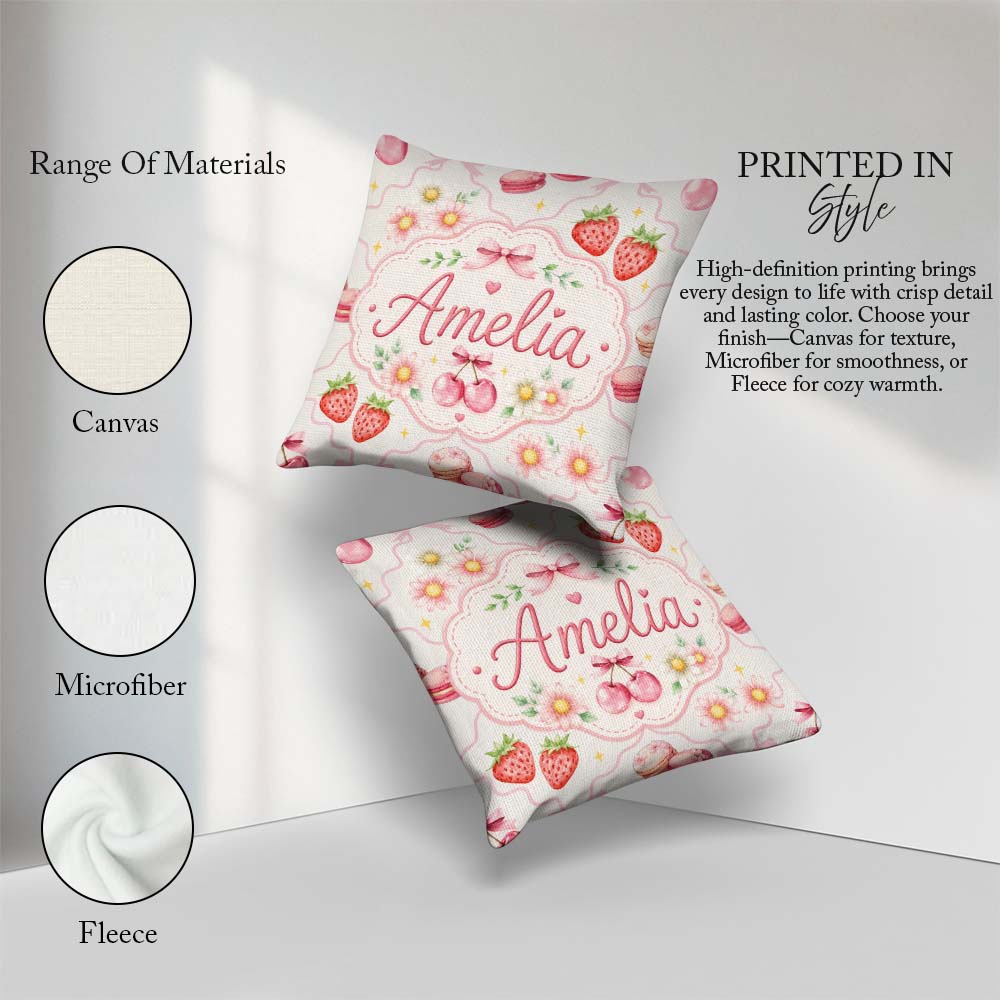 Custom Name Strawberry Cherry Daisy Bow Sweet Dessert Soft Beige Square Filled Cushion Throw Pillow Sofa Bed Home Decor Zip Washable UK Made