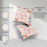 Custom Name Strawberry Cherry Daisy Bow Sweet Dessert Soft Beige Square Filled Cushion Throw Pillow Sofa Bed Home Decor Zip Washable UK Made