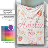 Cute Strawberry Cherry Daisy Floral Bow Sweet Dessert Soft Beige  Personalised Custom Name Super Soft Fleece Blanket Bed Sofa Throw
