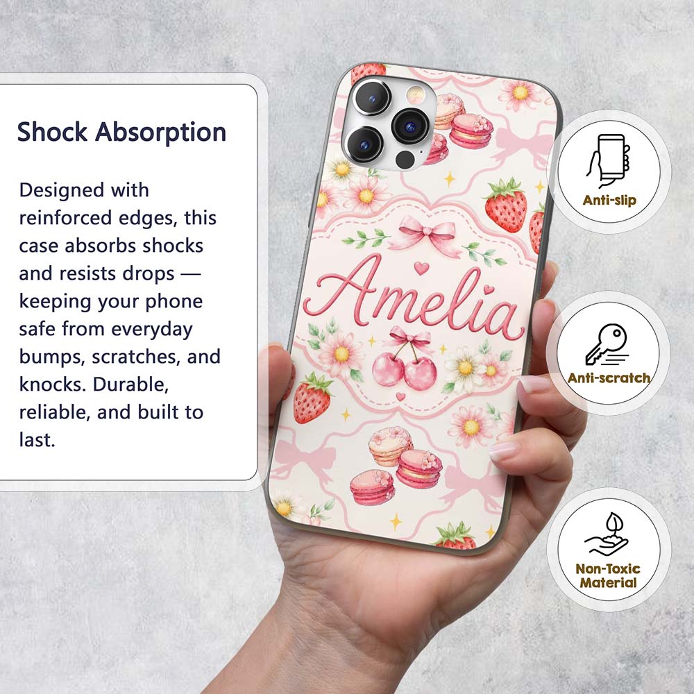 Cute Strawberry Cherry Daisy Floral Bow Sweet Custom Name Protective Phone Case Mobile Cover Durable Everyday Smartphone Shock Resistant