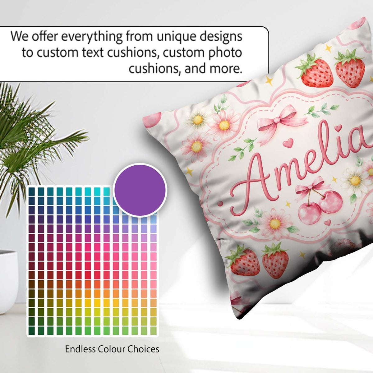 Custom Name Strawberry Cherry Daisy Bow Sweet Dessert Soft Beige Square Filled Cushion Throw Pillow Sofa Bed Home Decor Zip Washable UK Made