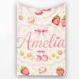 Cute Strawberry Cherry Daisy Floral Bow Sweet Dessert Pale Neutral  Personalised Custom Name Super Soft Fleece Blanket Bed Sofa Throw