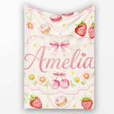 Cute Strawberry Cherry Daisy Floral Bow Sweet Dessert Pale Neutral  Personalised Custom Name Super Soft Fleece Blanket Bed Sofa Throw