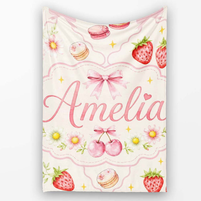Cute Strawberry Cherry Daisy Floral Bow Sweet Dessert Pale Neutral  Personalised Custom Name Super Soft Fleece Blanket Bed Sofa Throw
