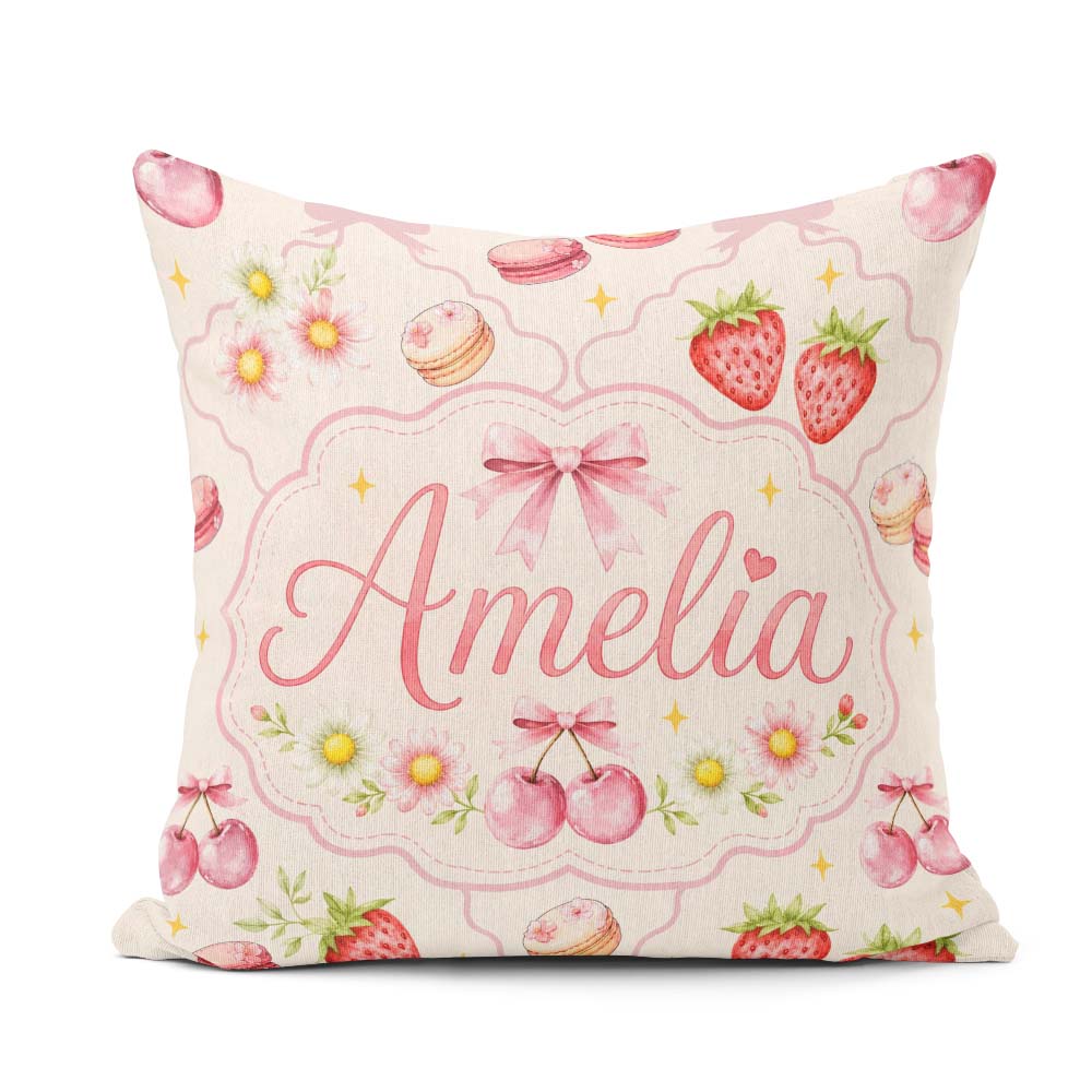 Custom Name Cherry Daisy Floral Bow Sweet Dessert Pale Neutral Square Filled Cushion Throw Pillow Sofa Bed Home Decor Zip Washable UK Made