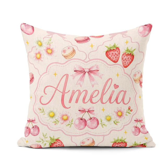 Custom Name Cherry Daisy Floral Bow Sweet Dessert Pale Neutral Square Filled Cushion Throw Pillow Sofa Bed Home Decor Zip Washable UK Made