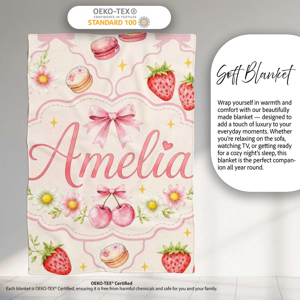 Cute Strawberry Cherry Daisy Floral Bow Sweet Dessert Pale Neutral  Personalised Custom Name Super Soft Fleece Blanket Bed Sofa Throw