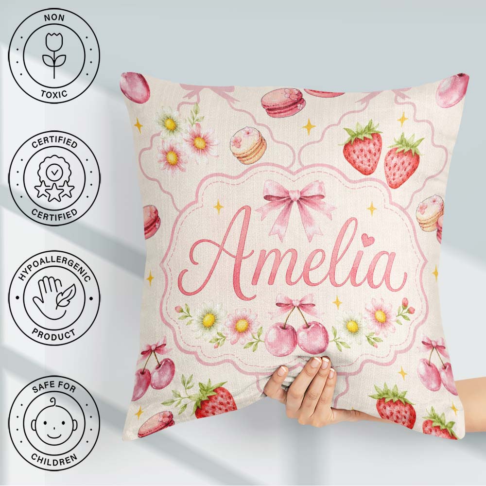 Custom Name Cherry Daisy Floral Bow Sweet Dessert Pale Neutral Square Filled Cushion Throw Pillow Sofa Bed Home Decor Zip Washable UK Made