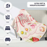 Cute Strawberry Cherry Daisy Floral Bow Sweet Dessert Pale Neutral  Personalised Custom Name Super Soft Fleece Blanket Bed Sofa Throw