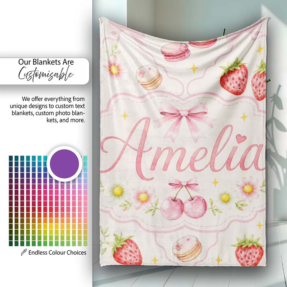 Cute Strawberry Cherry Daisy Floral Bow Sweet Dessert Pale Neutral  Personalised Custom Name Super Soft Fleece Blanket Bed Sofa Throw