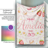 Cute Strawberry Cherry Daisy Floral Bow Sweet Dessert Pale Neutral  Personalised Custom Name Super Soft Fleece Blanket Bed Sofa Throw