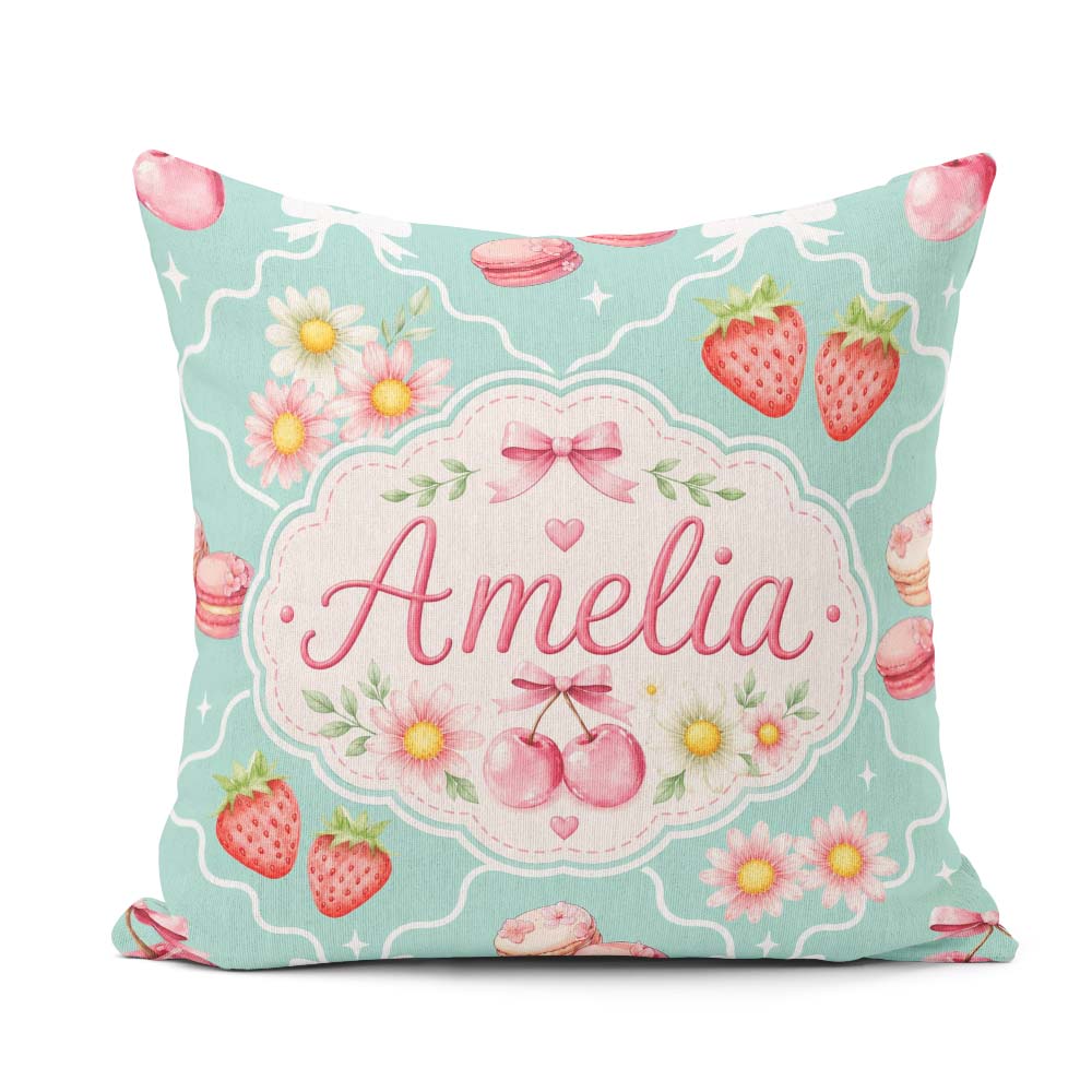 Custom Name Strawberry Cherry Daisy Bow Sweet Dessert Teal Green Square Filled Cushion Throw Pillow Sofa Bed Home Decor Zip Washable UK Made