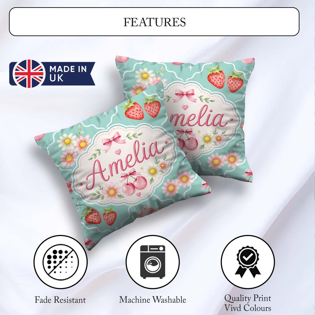 Custom Name Strawberry Cherry Daisy Bow Sweet Dessert Teal Green Square Filled Cushion Throw Pillow Sofa Bed Home Decor Zip Washable UK Made