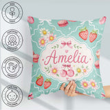 Custom Name Strawberry Cherry Daisy Bow Sweet Dessert Teal Green Square Filled Cushion Throw Pillow Sofa Bed Home Decor Zip Washable UK Made