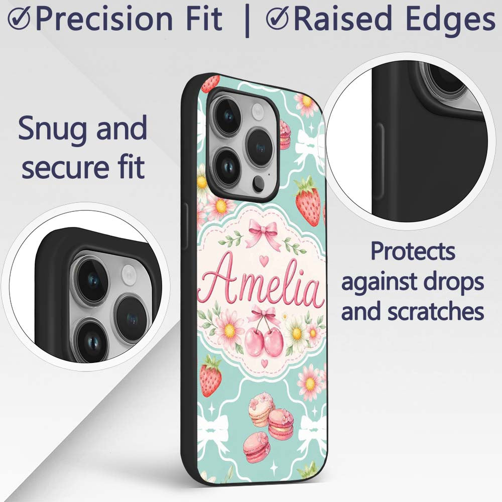 Cute Strawberry Cherry Daisy Floral Bow Sweet Custom Name Protective Phone Case Mobile Cover Durable Everyday Smartphone Shock Resistant