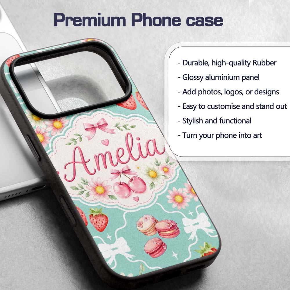 Cute Strawberry Cherry Daisy Floral Bow Sweet Custom Name Protective Phone Case Mobile Cover Durable Everyday Smartphone Shock Resistant