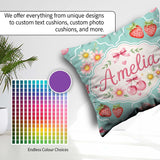 Custom Name Strawberry Cherry Daisy Bow Sweet Dessert Teal Green Square Filled Cushion Throw Pillow Sofa Bed Home Decor Zip Washable UK Made