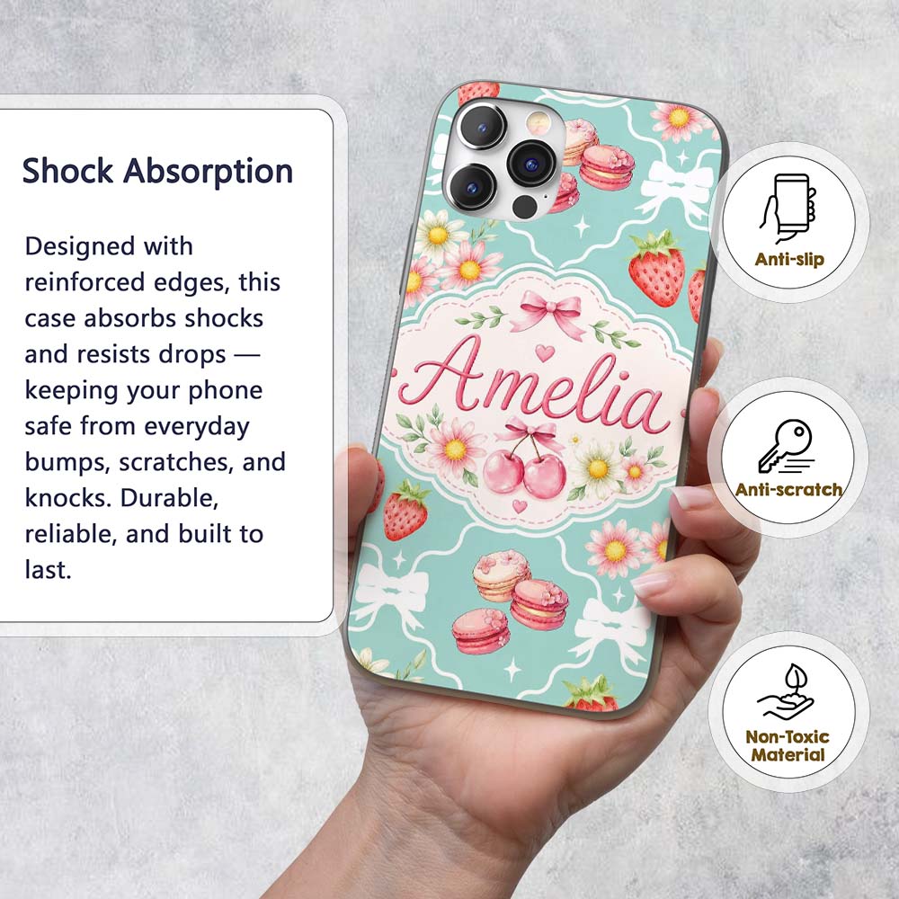 Cute Strawberry Cherry Daisy Floral Bow Sweet Custom Name Protective Phone Case Mobile Cover Durable Everyday Smartphone Shock Resistant