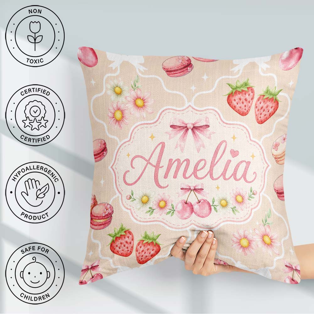 Custom Name Cute Cherry Daisy Floral Bow Sweet Dessert Soft Sand Square Filled Cushion Throw Pillow Sofa Bed Home Decor Zip Washable UK Made