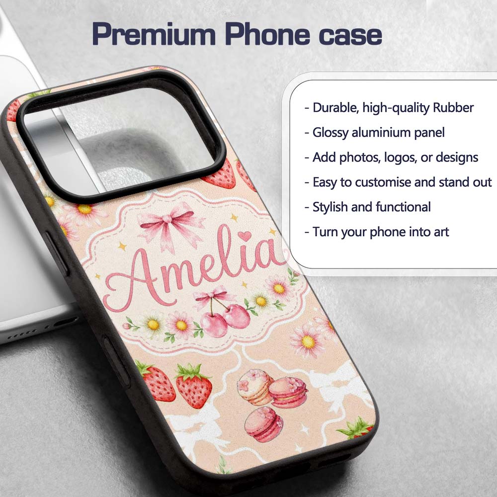 Cute Strawberry Cherry Daisy Floral Bow Sweet Custom Name Protective Phone Case Mobile Cover Durable Everyday Smartphone Shock Resistant
