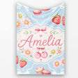 Cute Strawberry Cherry Daisy Floral Bow Sweet Dessert Dusty Blue  Personalised Custom Name Super Soft Fleece Blanket Bed Sofa Throw