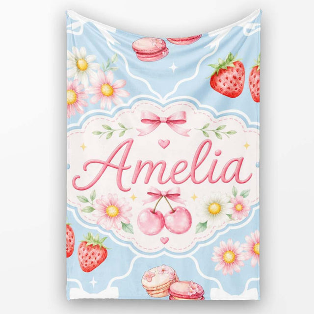 Cute Strawberry Cherry Daisy Floral Bow Sweet Dessert Dusty Blue  Personalised Custom Name Super Soft Fleece Blanket Bed Sofa Throw
