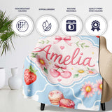 Cute Strawberry Cherry Daisy Floral Bow Sweet Dessert Dusty Blue  Personalised Custom Name Super Soft Fleece Blanket Bed Sofa Throw