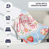 Cute Strawberry Cherry Daisy Floral Bow Sweet Dessert Dusty Blue  Personalised Custom Name Super Soft Fleece Blanket Bed Sofa Throw