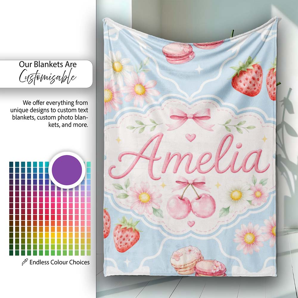 Cute Strawberry Cherry Daisy Floral Bow Sweet Dessert Dusty Blue  Personalised Custom Name Super Soft Fleece Blanket Bed Sofa Throw