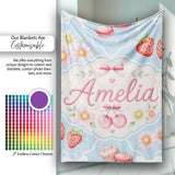 Cute Strawberry Cherry Daisy Floral Bow Sweet Dessert Dusty Blue  Personalised Custom Name Super Soft Fleece Blanket Bed Sofa Throw